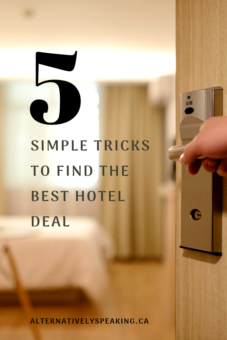 hand holding open a hotel room door, revealing a table and a bed, stating '5 simple tricks to find the best hotel deal'