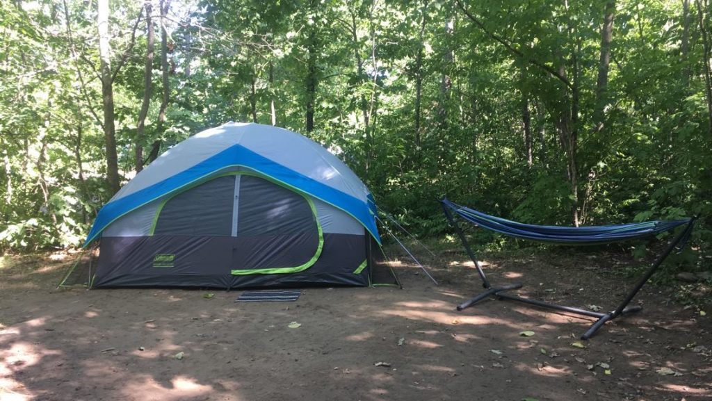 tent and hammock set up on a campsite surrounded by trees