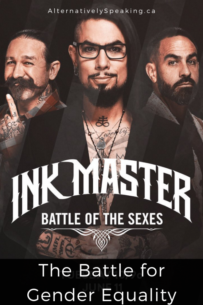 Oliver Peck, Dave Navarro and Chris Nunez standing side by side with the title ‘Ink Master: Battle of the Sexes’ in front of them