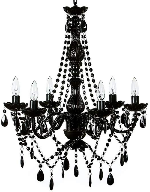 Black chandelier with black beading hanging from it ornately