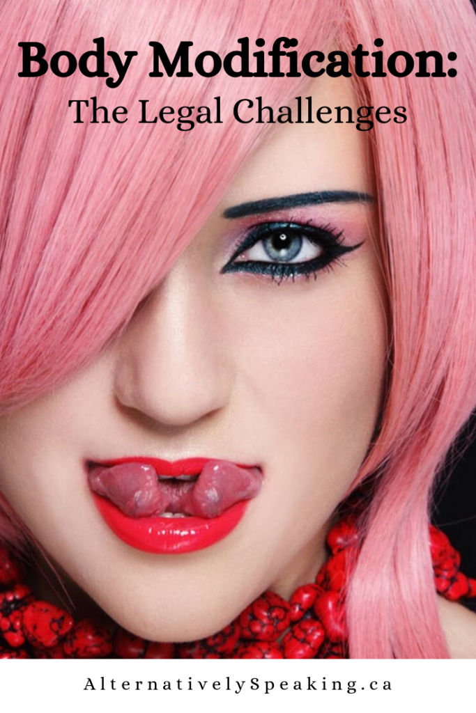 close-up of a woman with pink hair, bold black cat eye style eyeliner and a split tongue with the title body modification: the legal challenges