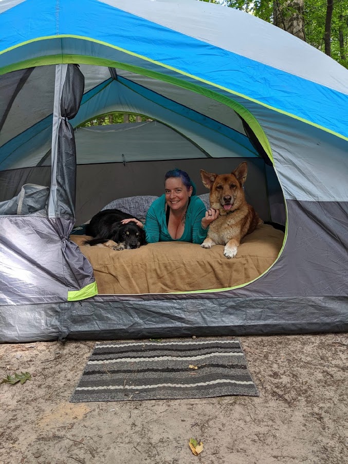 woman laying in a tent on the bed with two dogs, one on each side of her