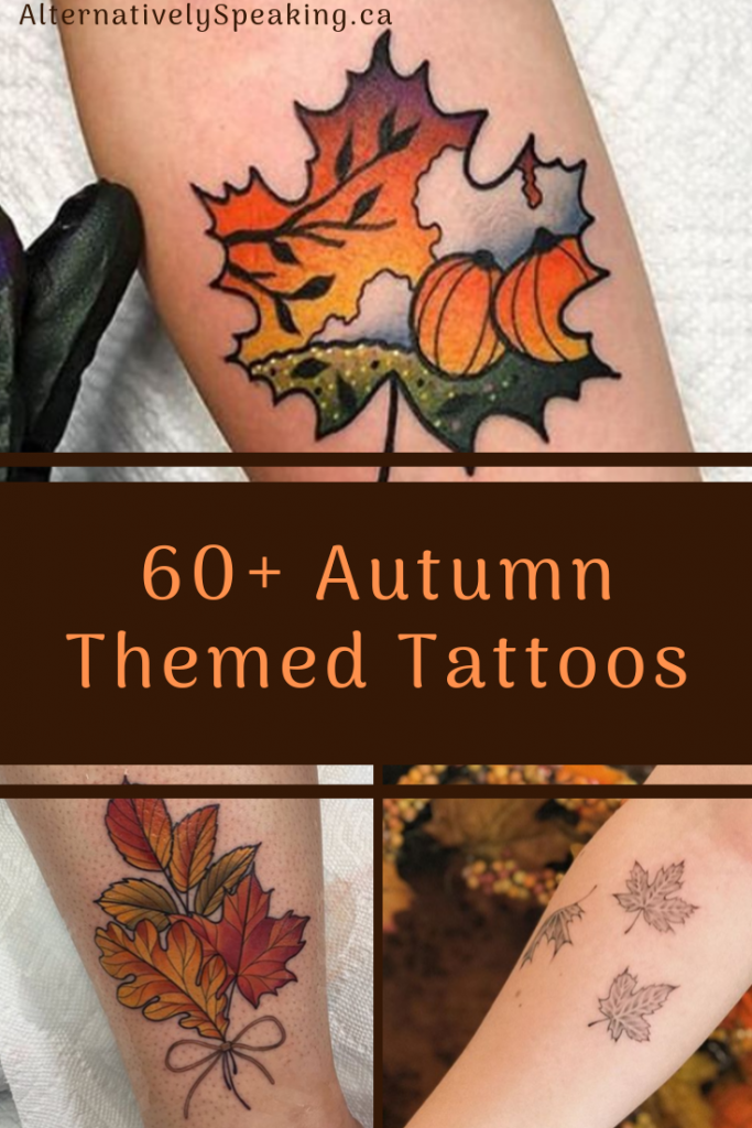 collage of tattoos showing autumn imagery with the title 60+ autumn-themed tattoos