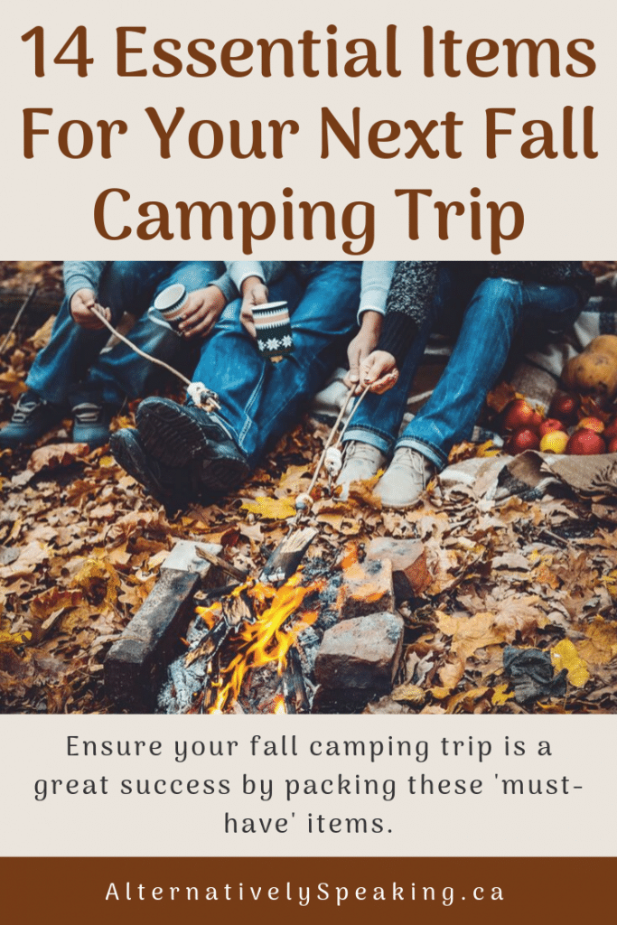 three people sitting by a campfire surrounded by fallen leaves, roasting marshmallows with the title 14 essential items for your next fall camping trip