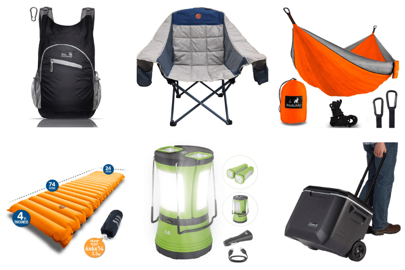 collage of outdoors gear including a camp chair, hammock, day pack, sleeping pad, lantern and cooler