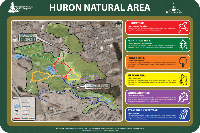 map of the trails at the Huron Natural Area in Kitchener, Ontario