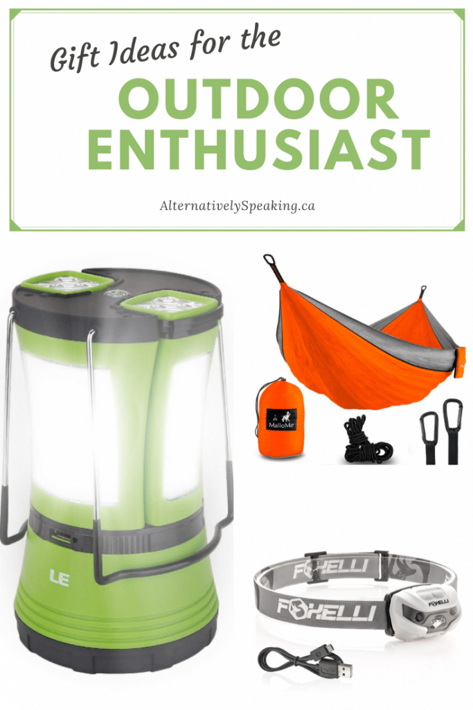 collage of outdoors gear including a lantern, hammock and headlight with the title gift ideas for the outdoor enthusiast