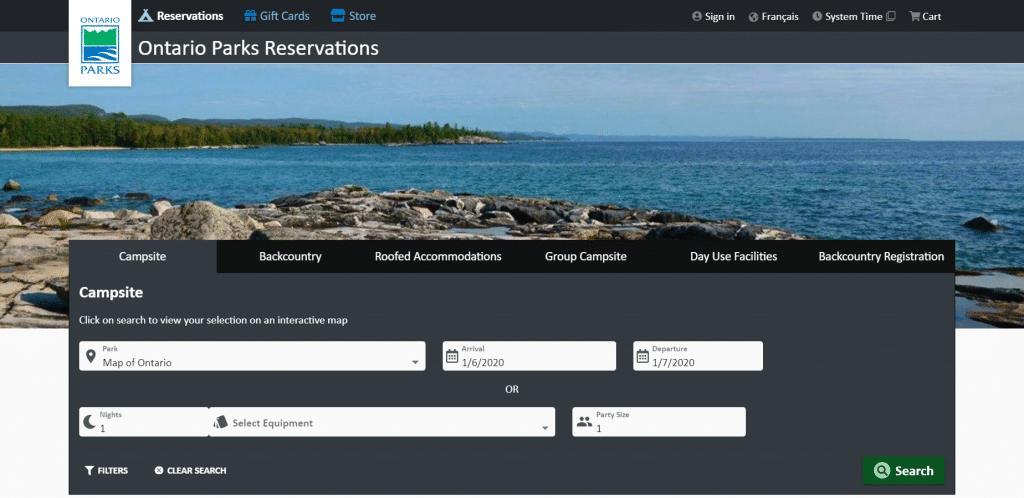 screen shot of the Ontario Parks reservation system