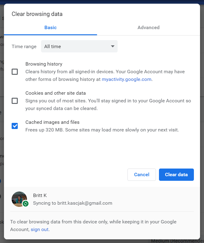 screen shot of the Google Chrome settings for clearing browser data
