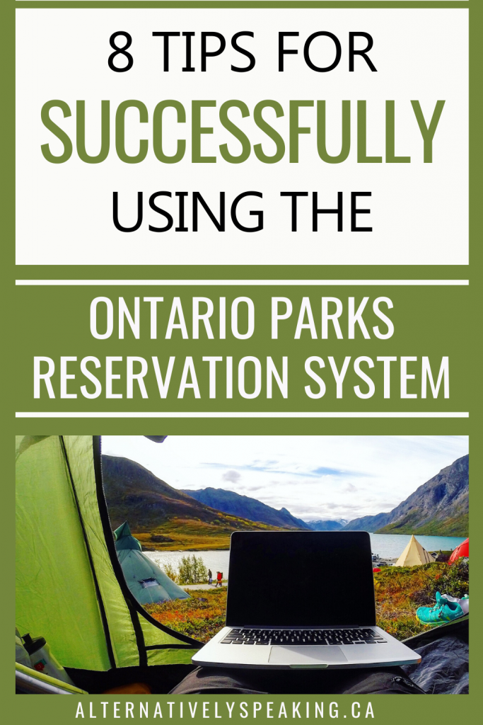computer sitting on the end of a sleeping bag inside a green tent with the tent door open showing a number of other tents set up beside a lake with the title 8 tips for successfully using the ontario parks reservation system
