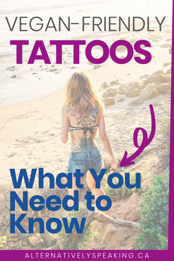 blonde, fair-skinned woman walking along the sandy dunes of a beach in a bikini top and jean shorts, tattoos covering her back with the title vegan-friendly tattoos what you need to know