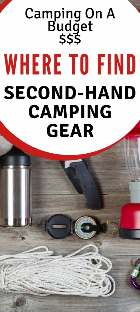 a selection of camping gear laying on a wooden floor including a duffle bag, lantern, compas, water bottle, tent sakes, binoculars and a knife with the title where to find second-hand camping gear