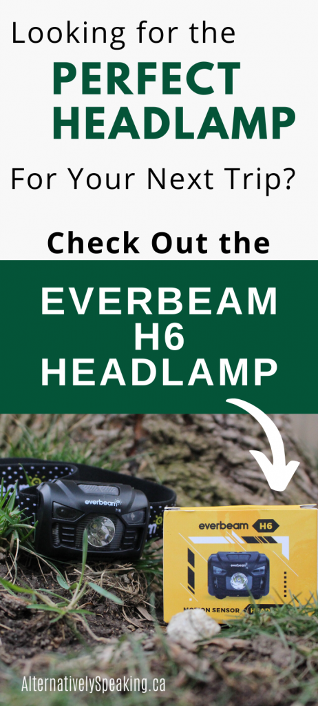 Everbeam H6 Headlamp sitting in the grass at the base of a tree next to it's box with the title looking for the perfect headlamp for your next trip?