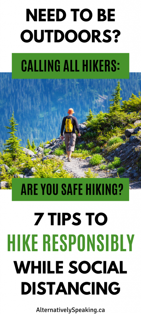 a person hiking alone on a gravel trail in the wilderness with a yellow backpack with the title 8 tip to hike responsibly while social distancing