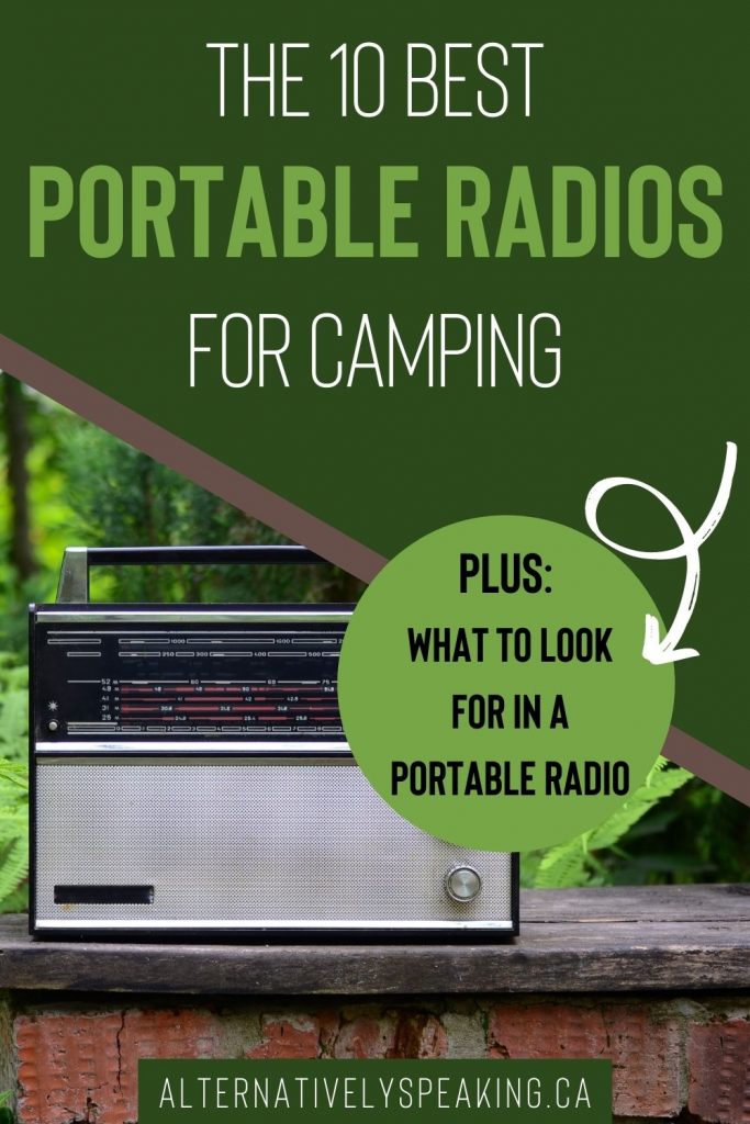 A silver and black retro-style radio with a telescoping antenna sitting on a wooden surface surrounded by plant life. Text states that it includes the best portable radio for camping. 