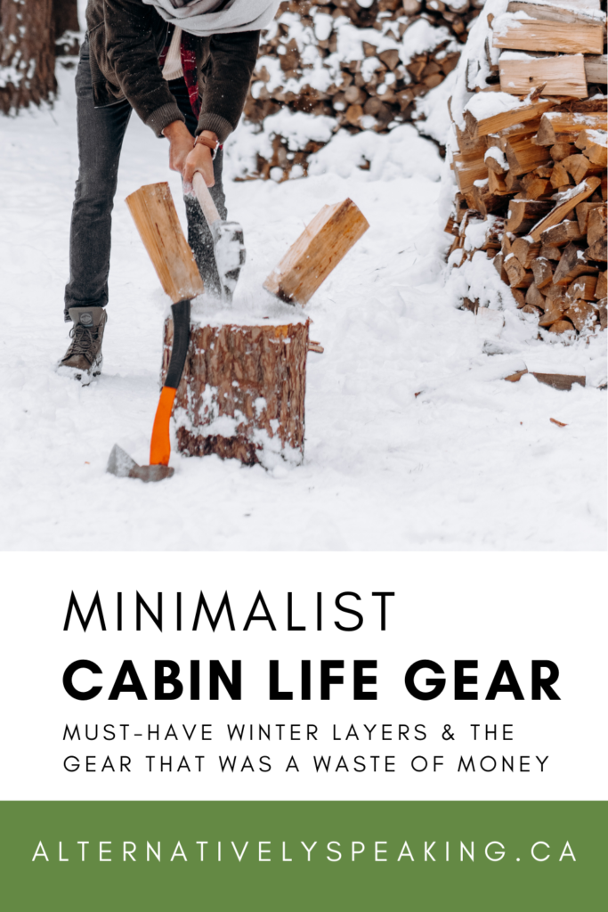 pinterest pin graphic featuring a man splitting firewood outside in winter