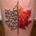 Maple leaf tattoo, half done in a black geometric design with the other half in a colourful geometric pattern